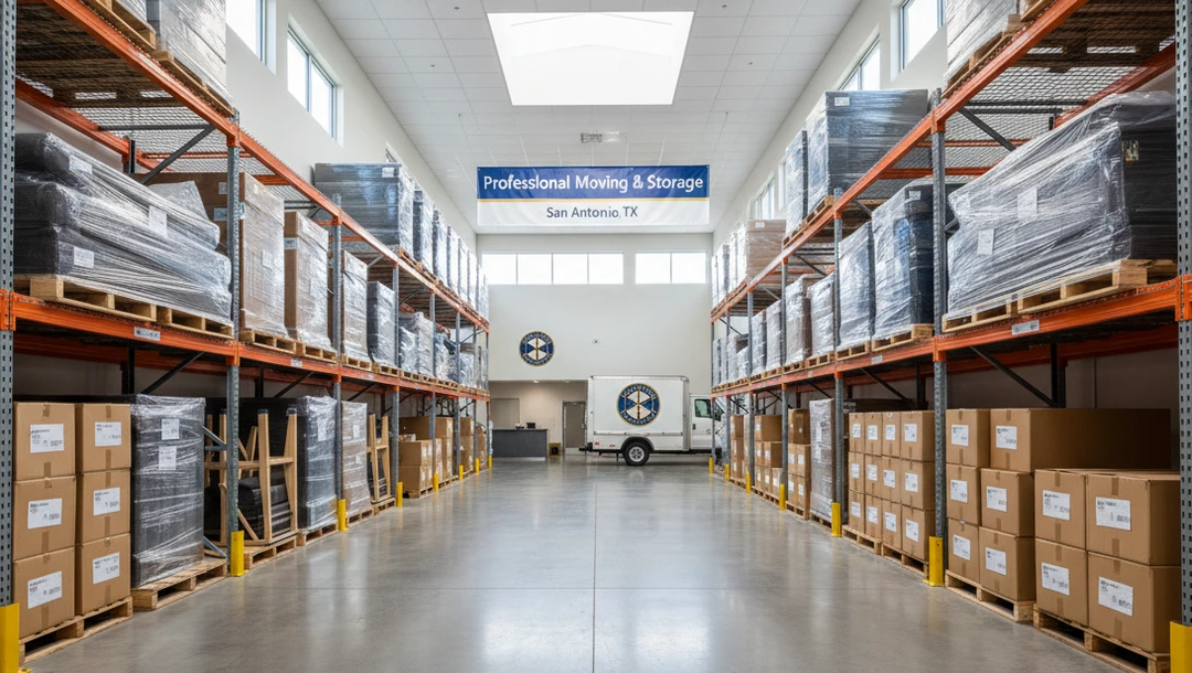 Warehouse aisle with shelves holding wrapped pallets and labeled boxes under a Professional Moving & Storage sign in San Antonio, TX